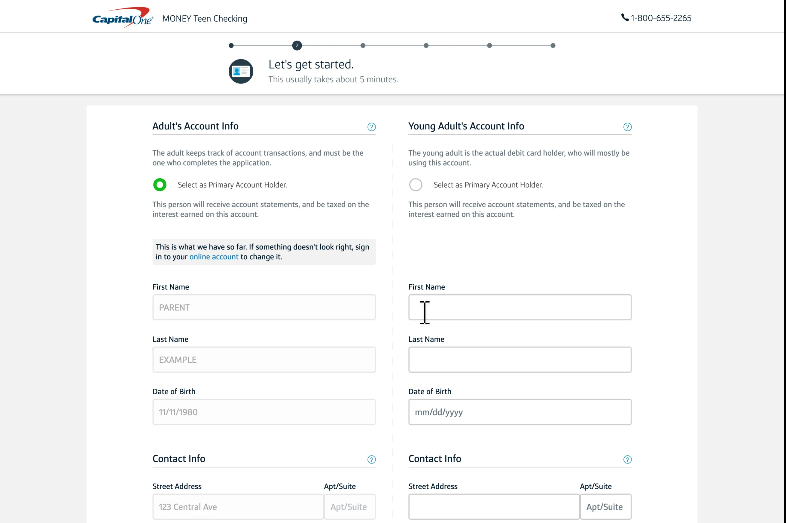 A screenshot of the Legacy application's personal information page, with the parent's information pre-filled.