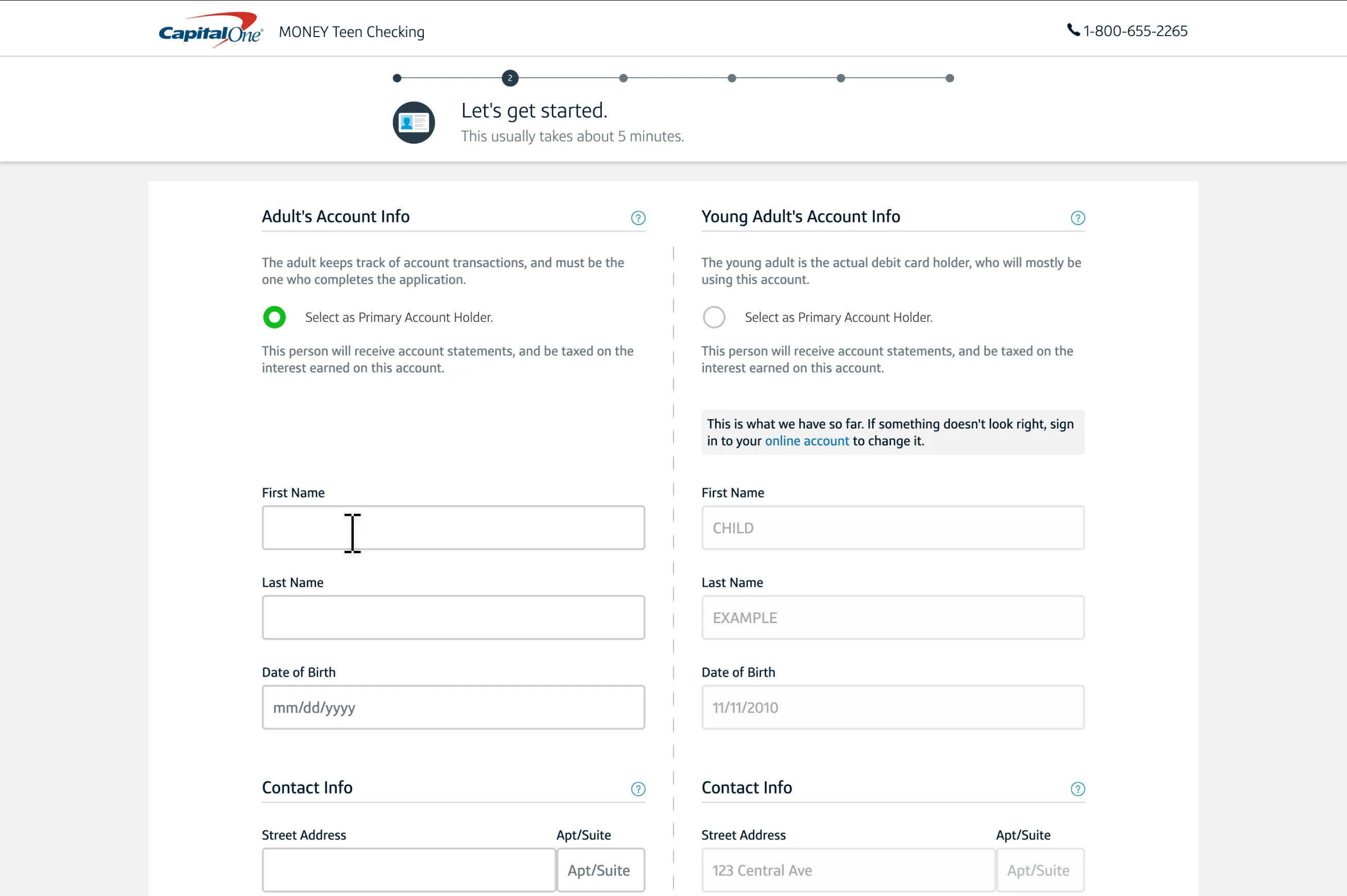 A screenshot of the Legacy application's personal information page, with the child's information pre-filled.
