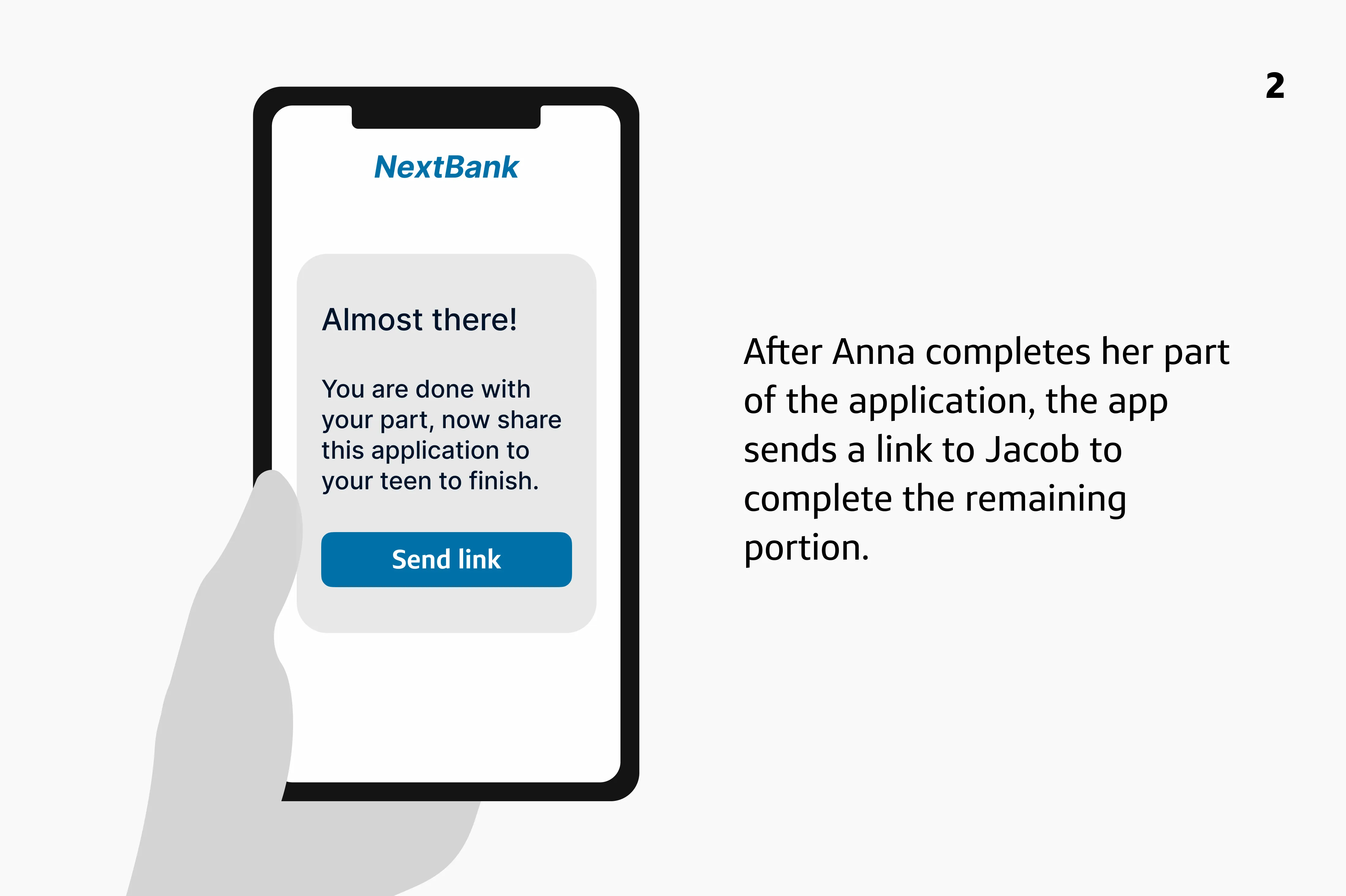 Panel 3: 'After Anna completes her part of the application, the app sends a link to Jacob to complete the remaining portion.'