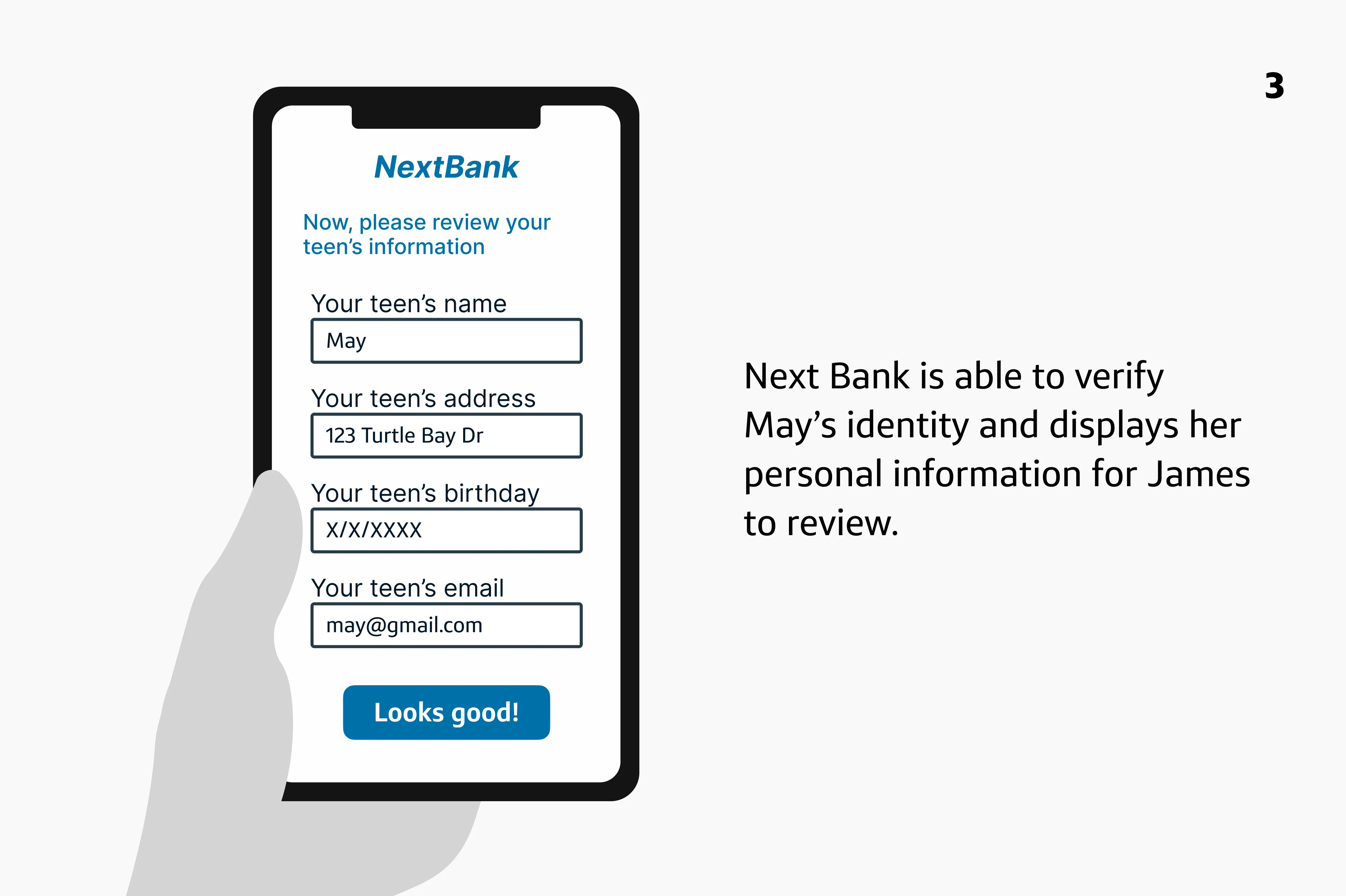 Panel 4: 'Next Bank is able to verify May's identity and displays her information for James to review.'