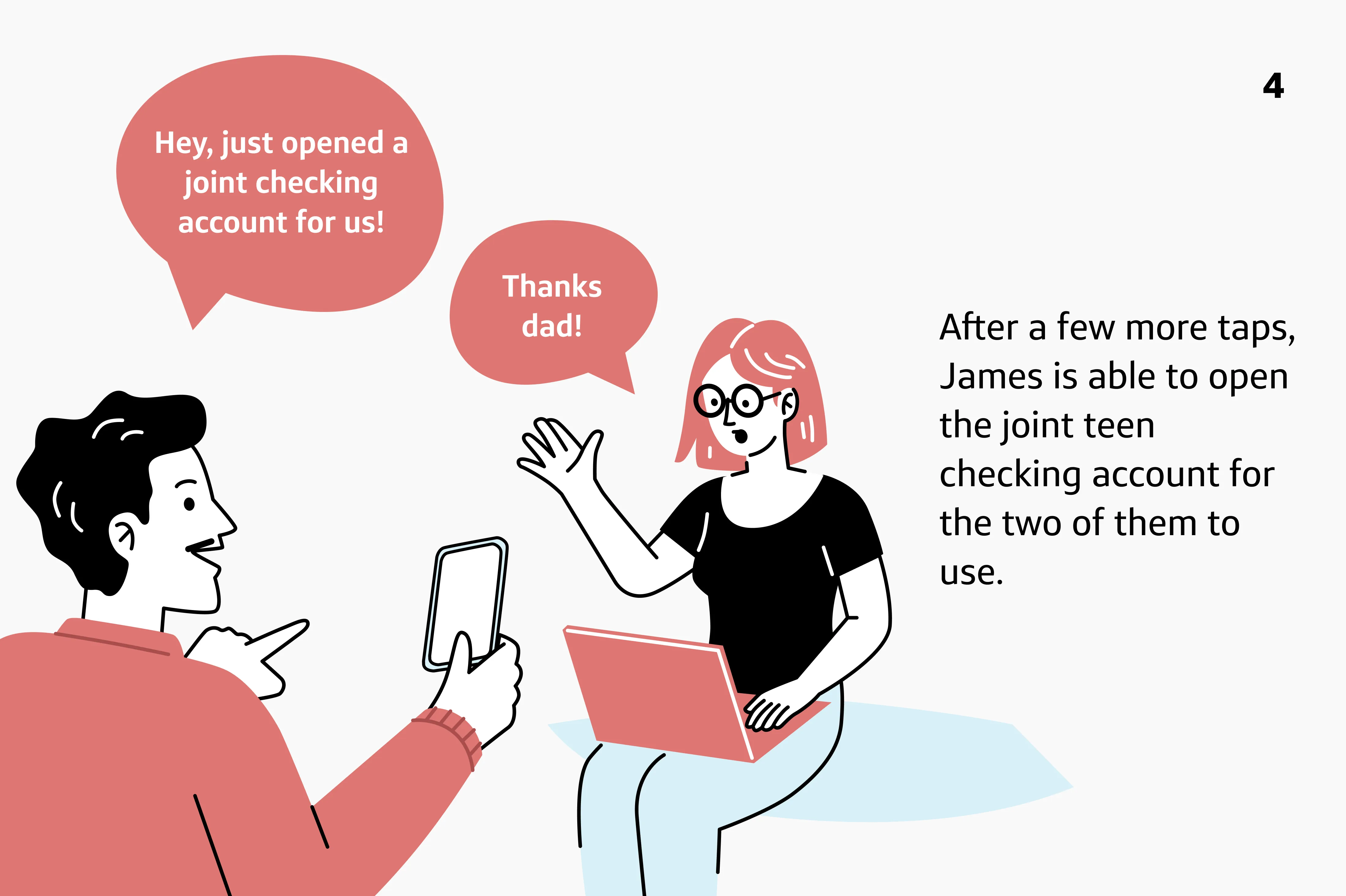 Panel 5: 'After a few more taps, James is able to open the joint teen checking account for the two of them to use.'