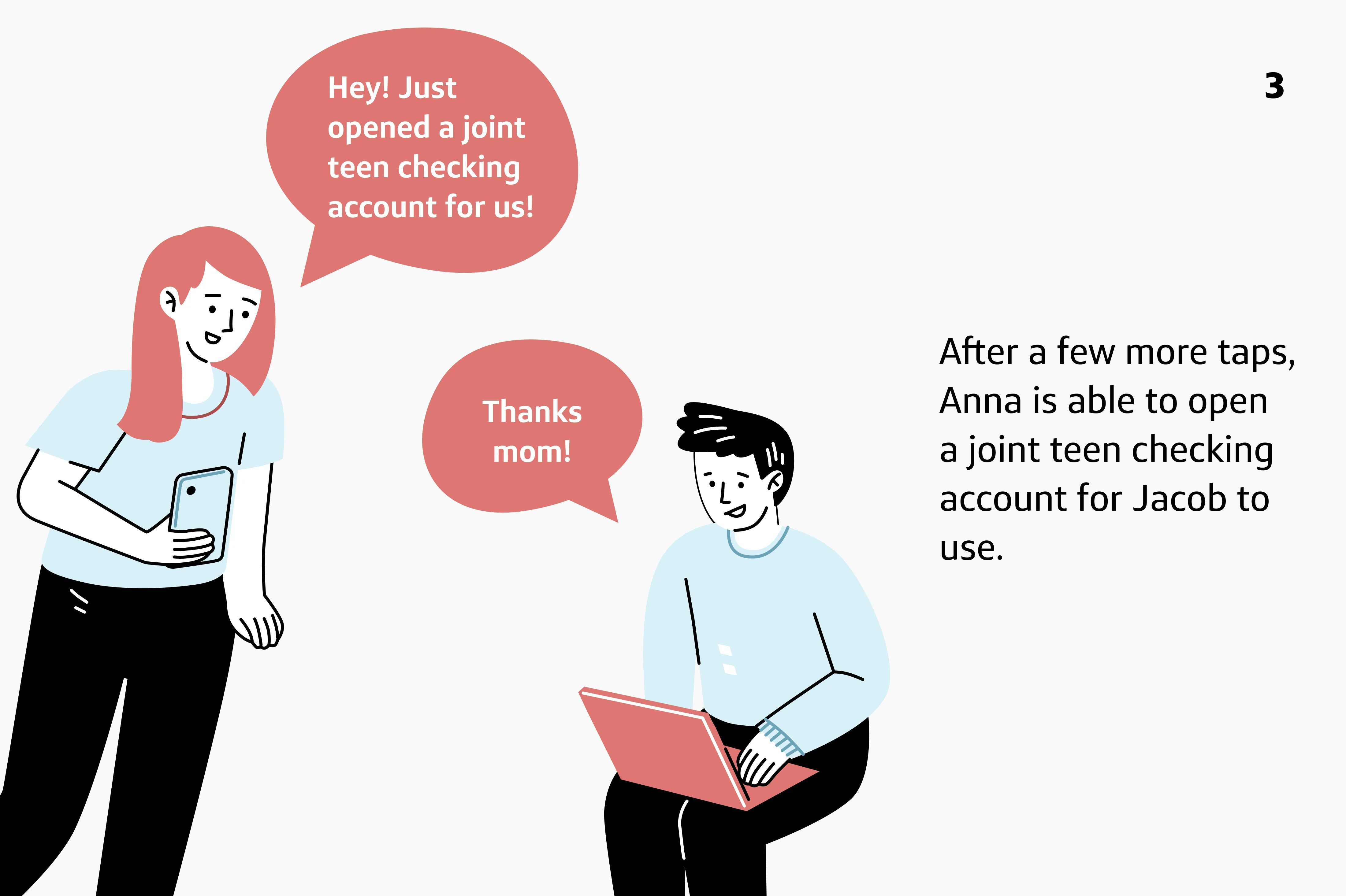 Panel 4: 'After a few more taps, Anna is able to open a joint teen checking account for Jacob to use.'